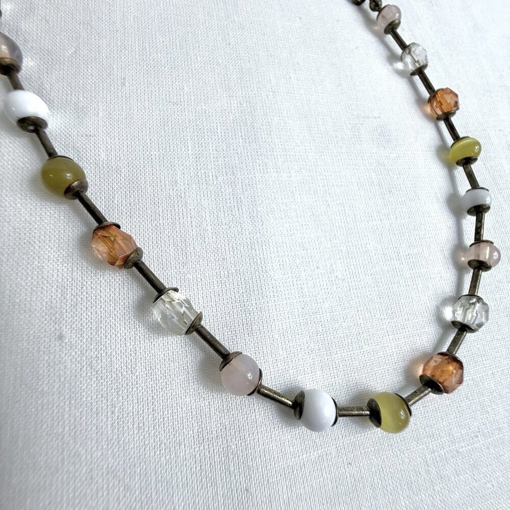 Vintage FI Glass Bead Necklace Amber White Cat Eye
